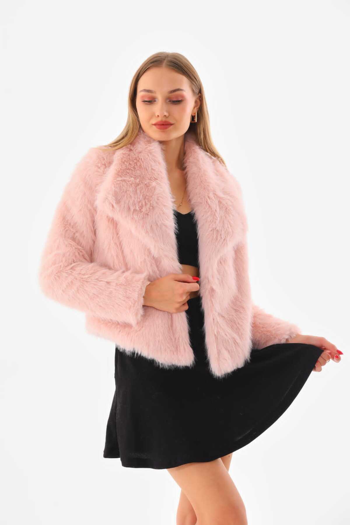 Kadın Geniş Ceket Yakalı Belde Astarlı Kopçalı Kürk Pembe
