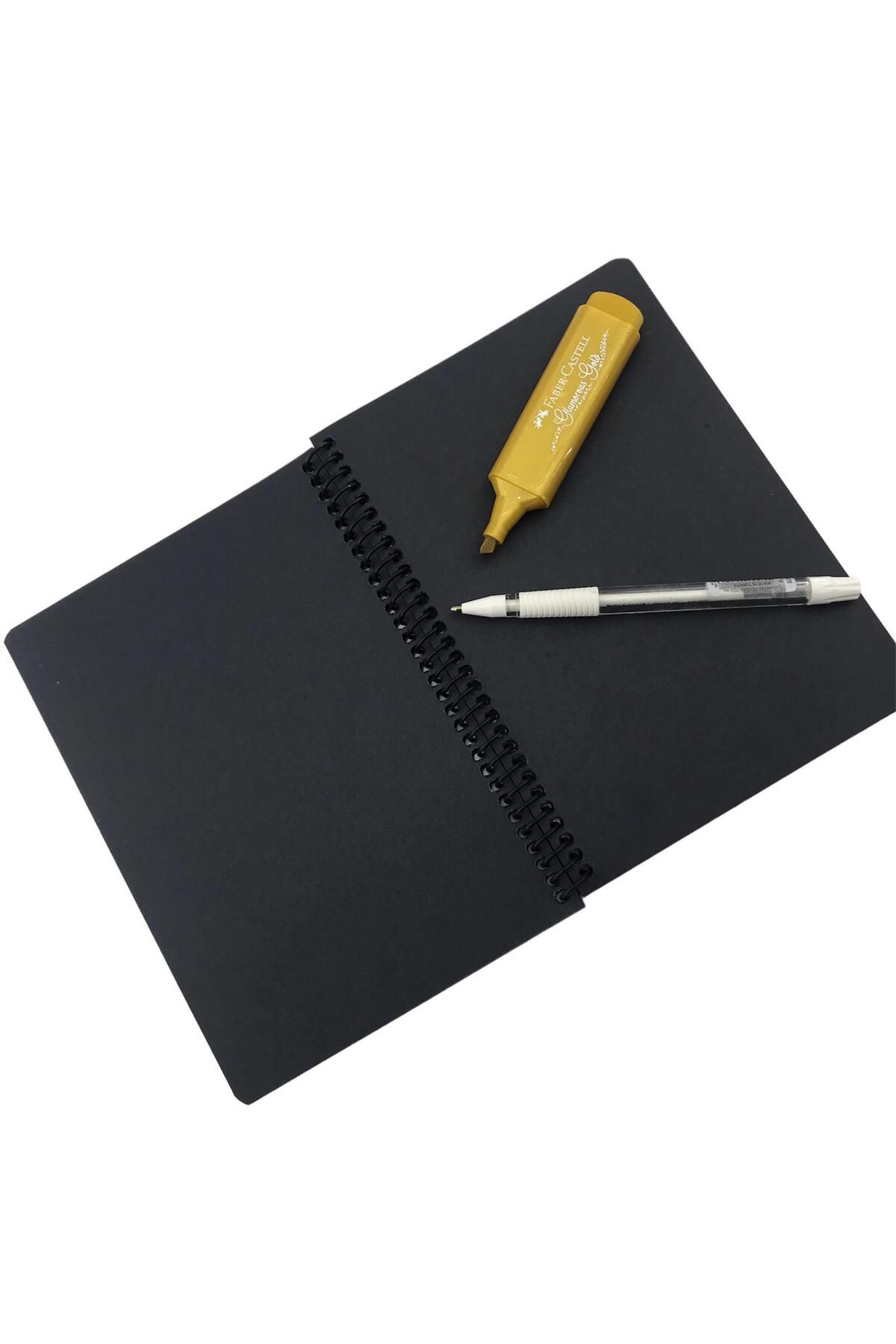 MEKAFİX Cover Patterned Black Notebook Black Leaf Notebook - Black Page  Notebook White Gel Pen Side
