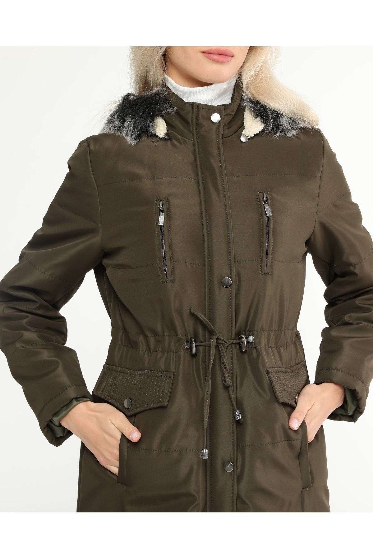 KMKkombin WOMEN S WAIST DRAWING HOODED FURRY ANGLE LINING DENSE