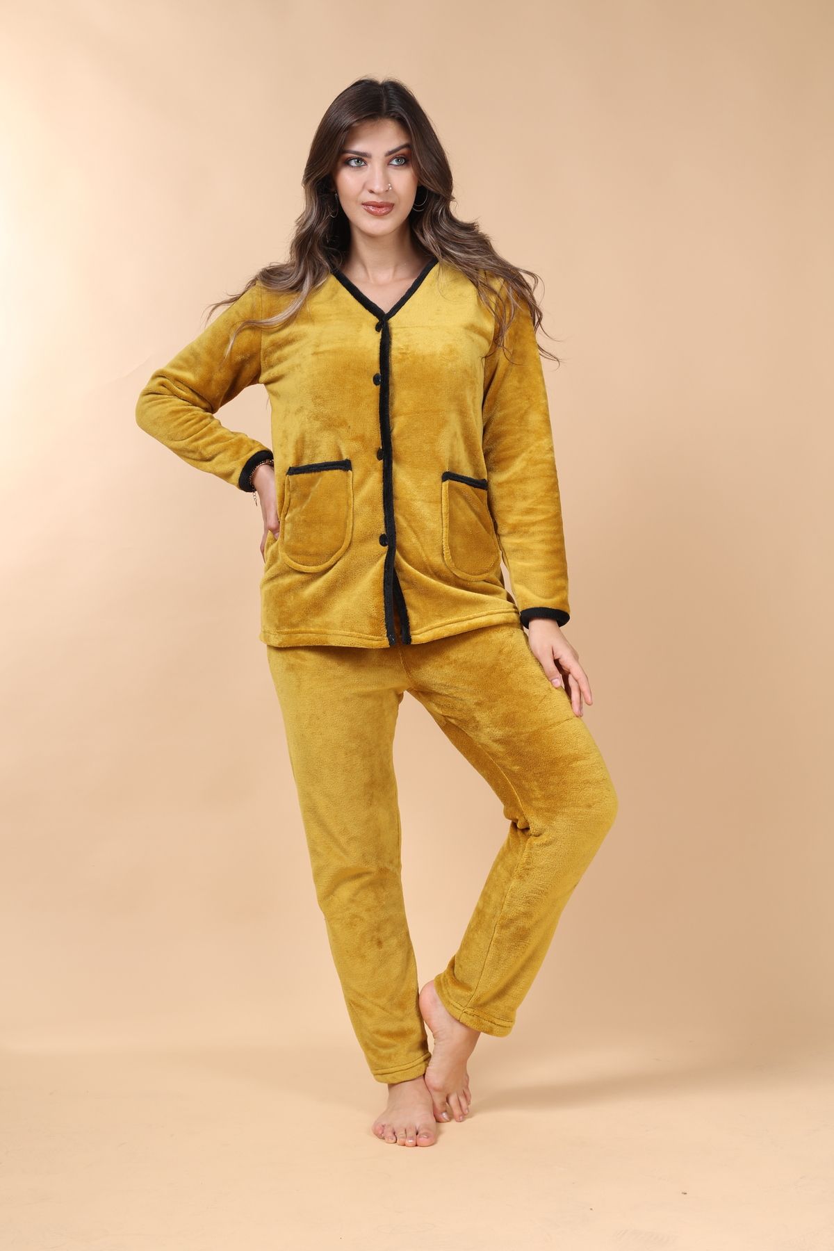 mervemoda-طقم بيجامة نسائي من قماش الخردل الناعم عالي الجودة بجيب أمامي بأزرار 5