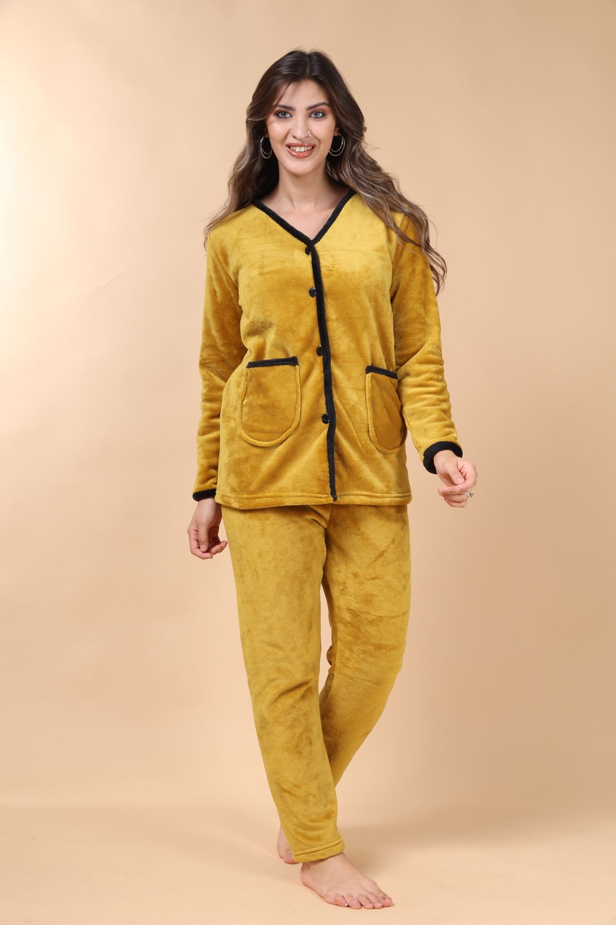 mervemoda-طقم بيجامة نسائي من قماش الخردل الناعم عالي الجودة بجيب أمامي بأزرار 8
