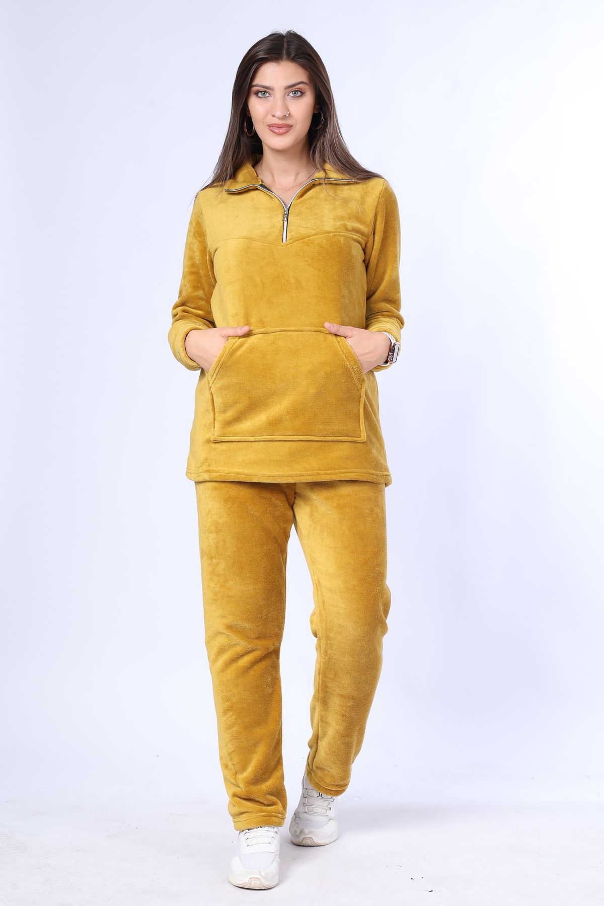 mervemoda-Set dublu de trening din țesătură de înaltă calitate, cu fermoar, guler muștar pentru femei 4