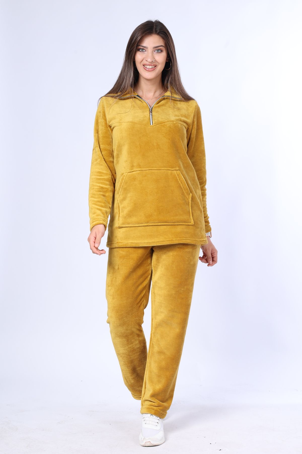 mervemoda-Set dublu de trening din țesătură de înaltă calitate, cu fermoar, guler muștar pentru femei 5