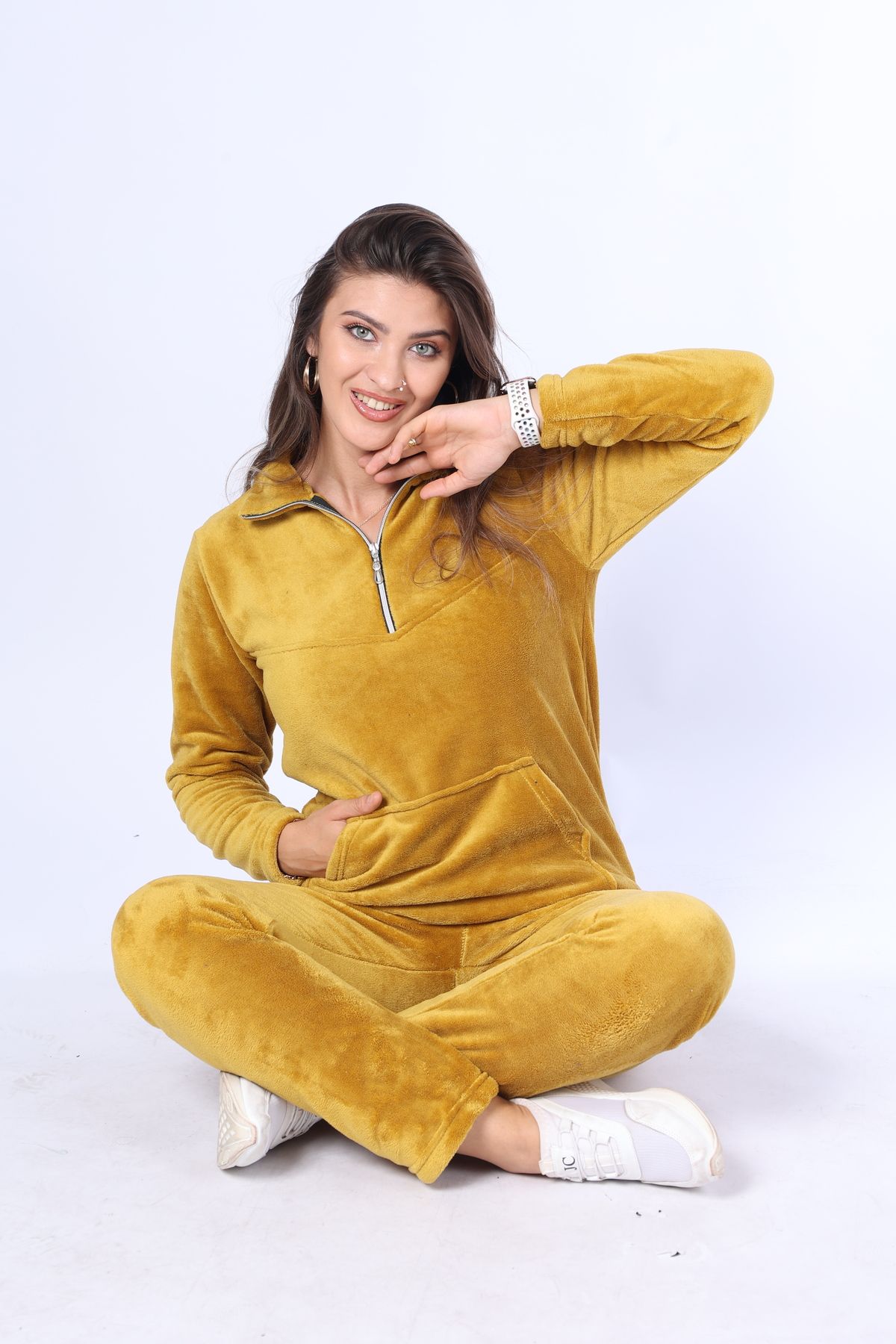 mervemoda-Set dublu de trening din țesătură de înaltă calitate, cu fermoar, guler muștar pentru femei 1