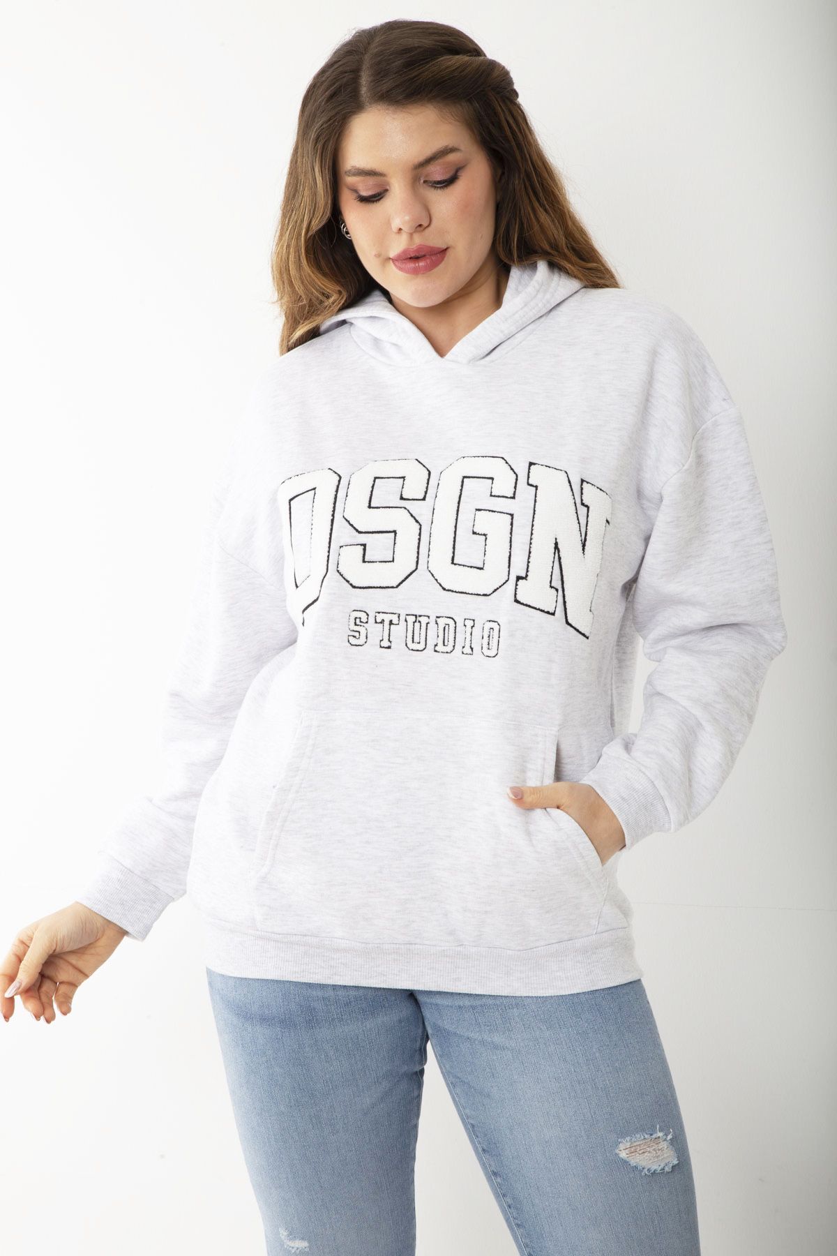 Şans Women's Large Size Gray Hooded Sweatshirt with Raised