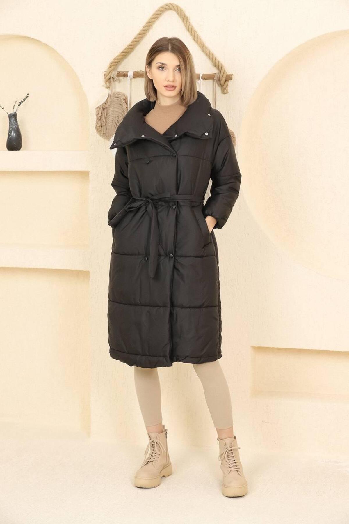 BY DİLEK ÇETİN ACCESSORY  Kadın midi boy siyah şişme mont - Görsel 3