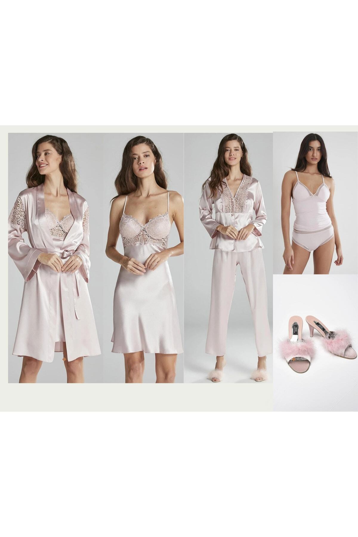 GC Saten Altılı Çeyiz Seti &kadın Dantelli Penye Atlet Külot Takım Ve Terlik