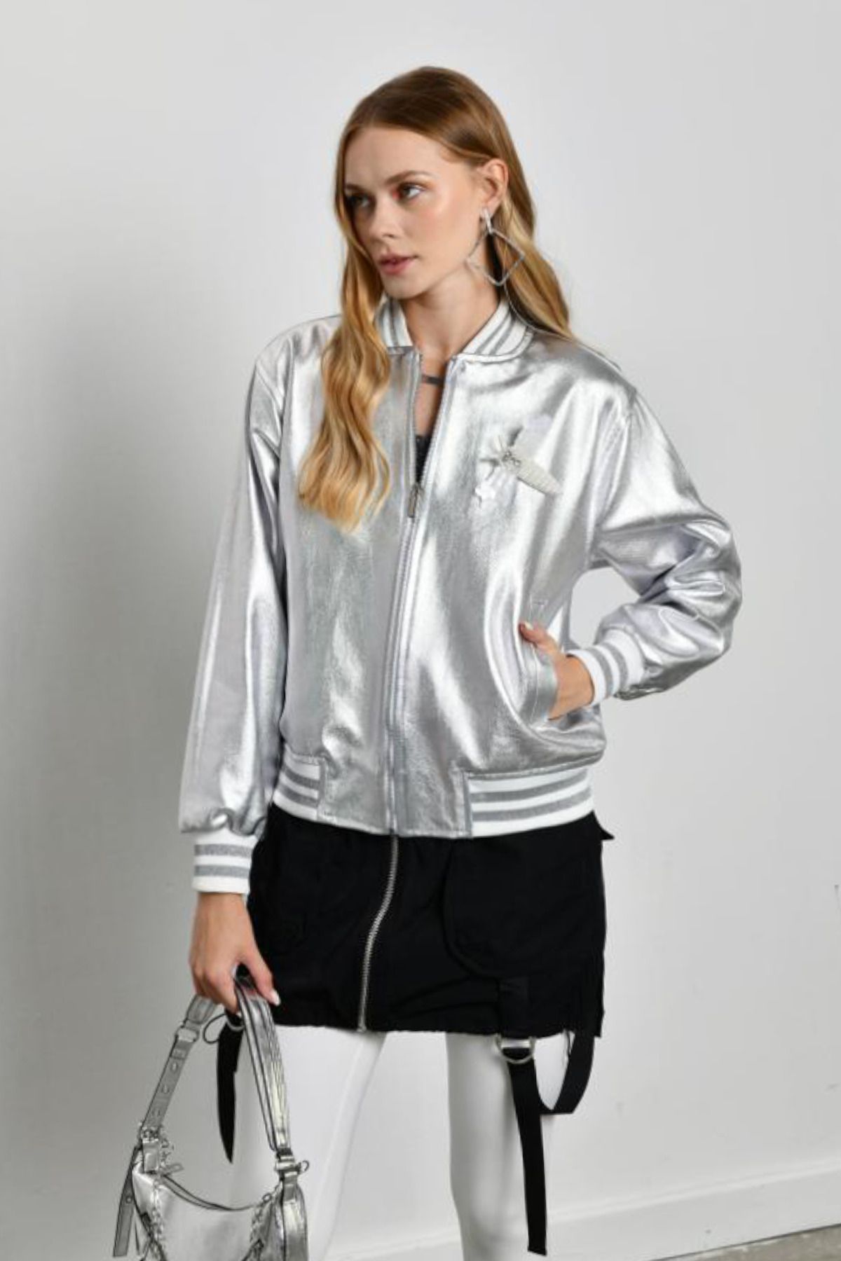 Metallic silver bomber jacket womens top