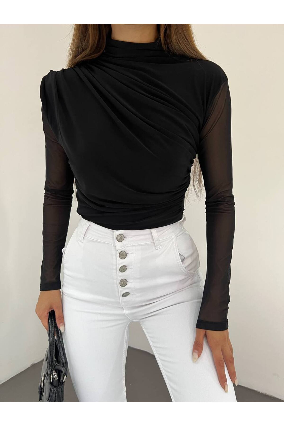 Butik Beyza Összegyűjtött Sandy Fabric Sleeves tüll részletes blúz