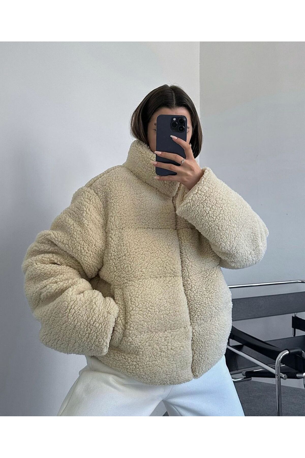 moon flood plush relief teddy puffer jacket Trendyol