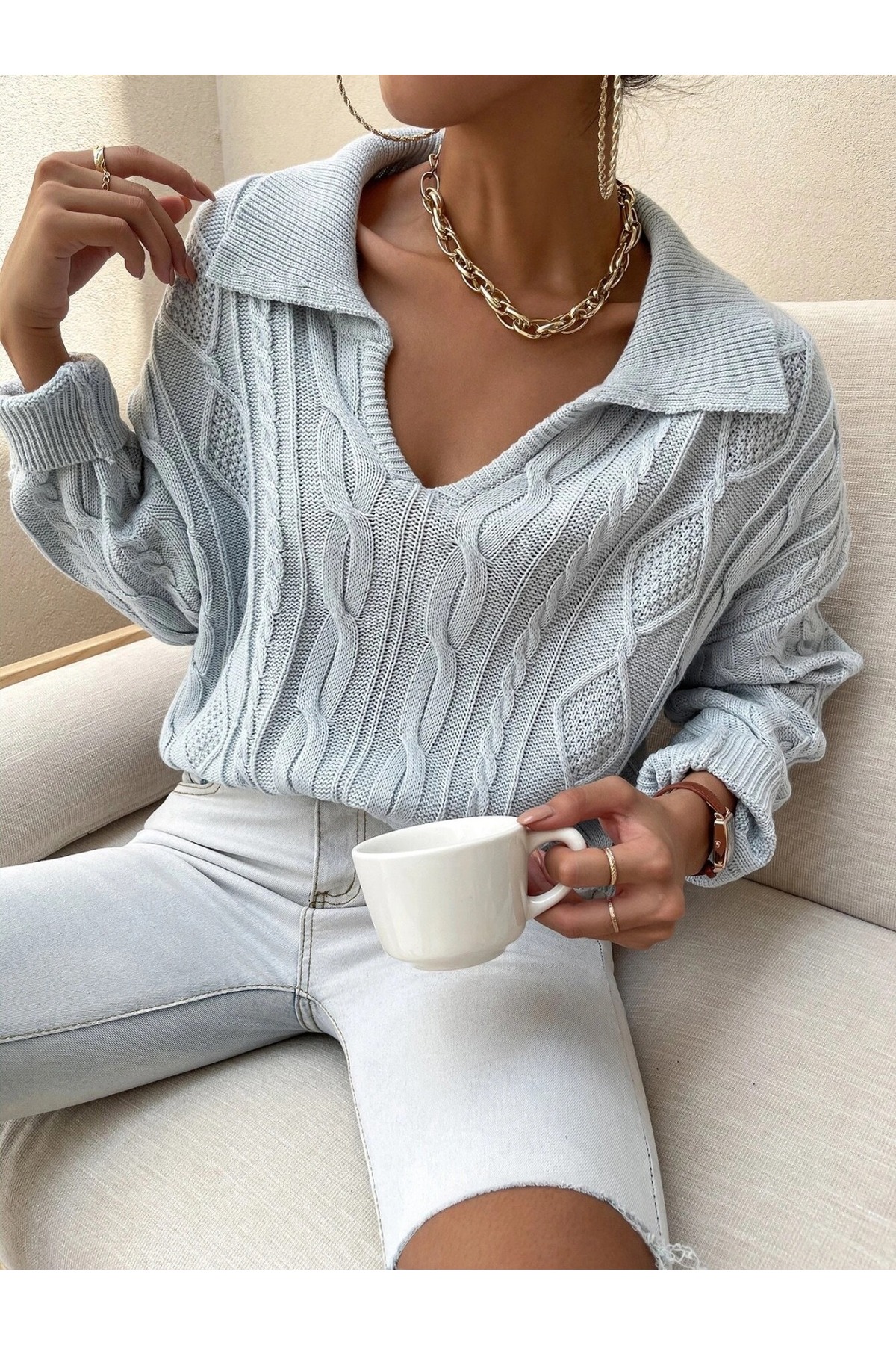 Women's Knit Pattern V-Neck Knitwear Sweater BABY BLUE L