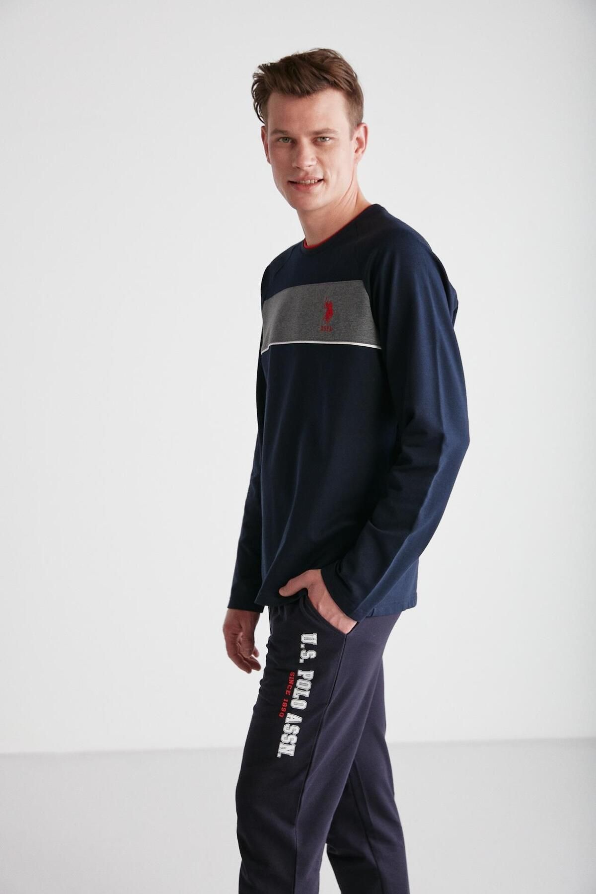 ست پیژامه آبی مردانه لباس خواب یقه گرد سرمه ای U.S. Polo Assn.