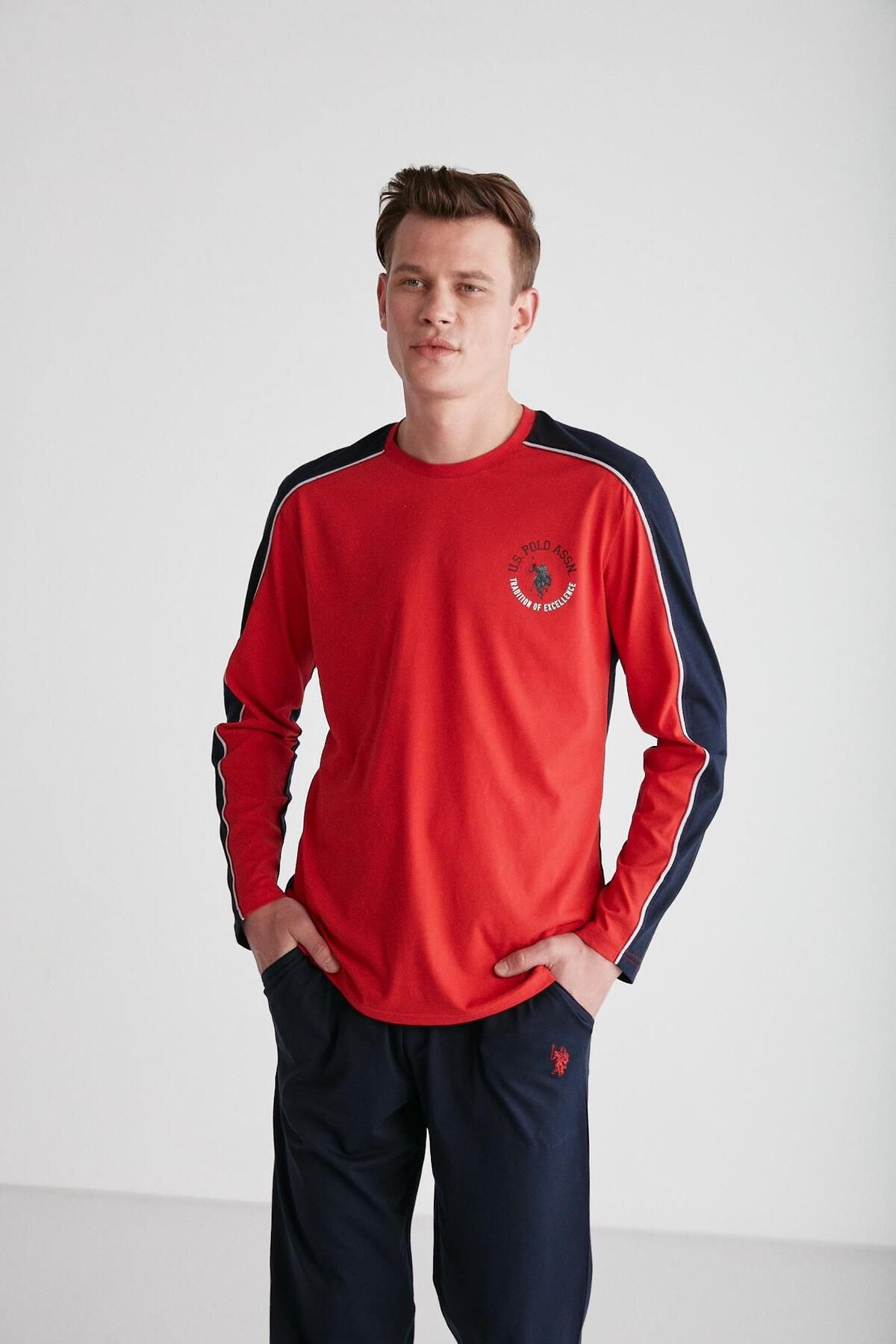 ست پیژامه قرمز مردانه لباس خواب یقه گرد U.S. Polo Assn.