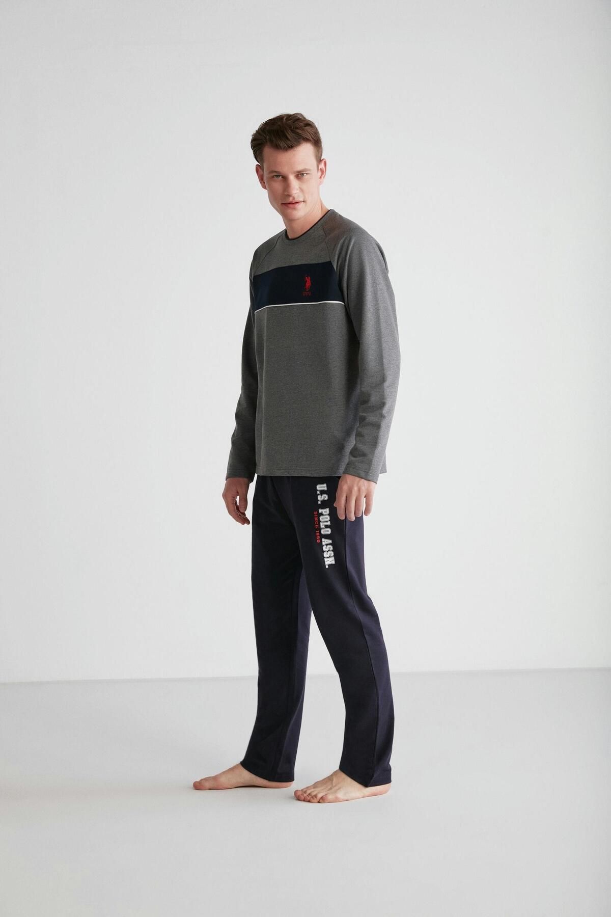 ست پیژامه خاکستری مردانه لباس خواب یقه گرد آنتراسیت ملانژ U.S. Polo Assn.