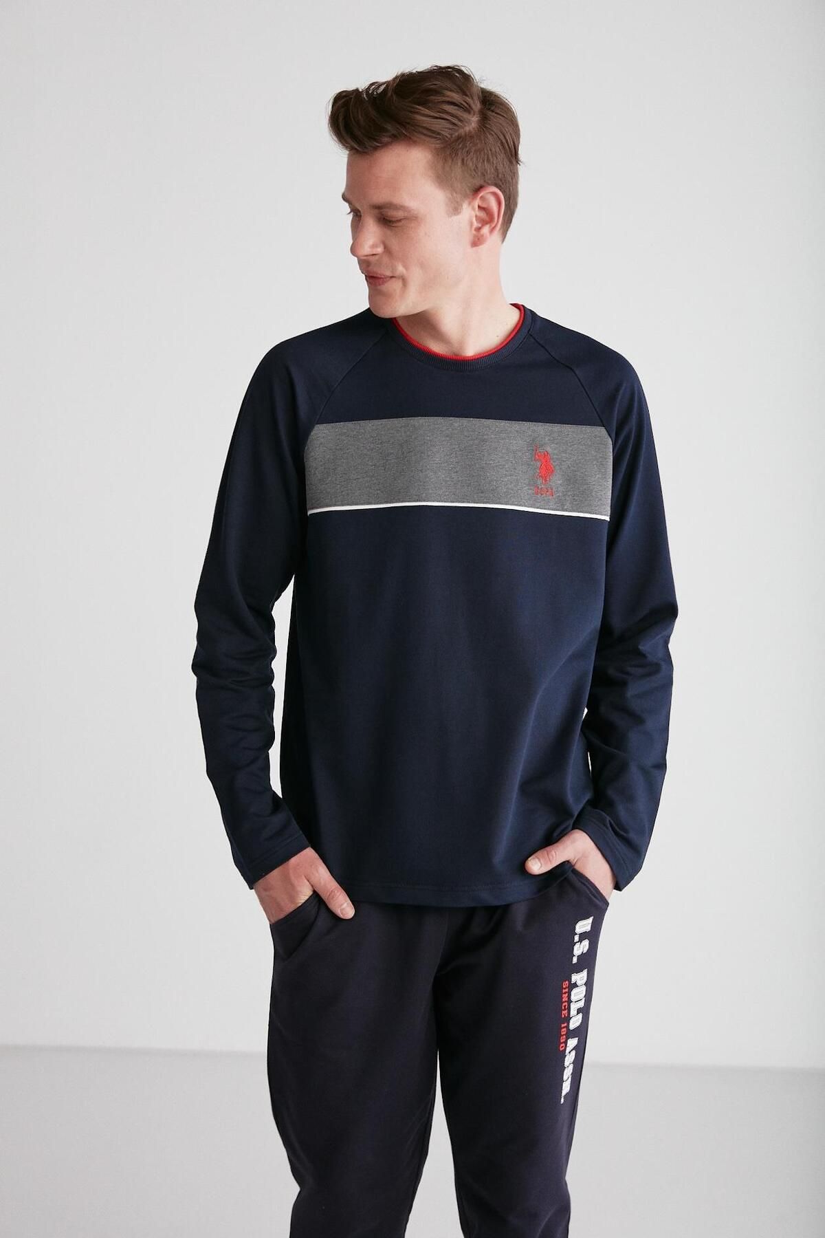 ست پیژامه آبی مردانه لباس خواب یقه گرد سرمه ای U.S. Polo Assn.