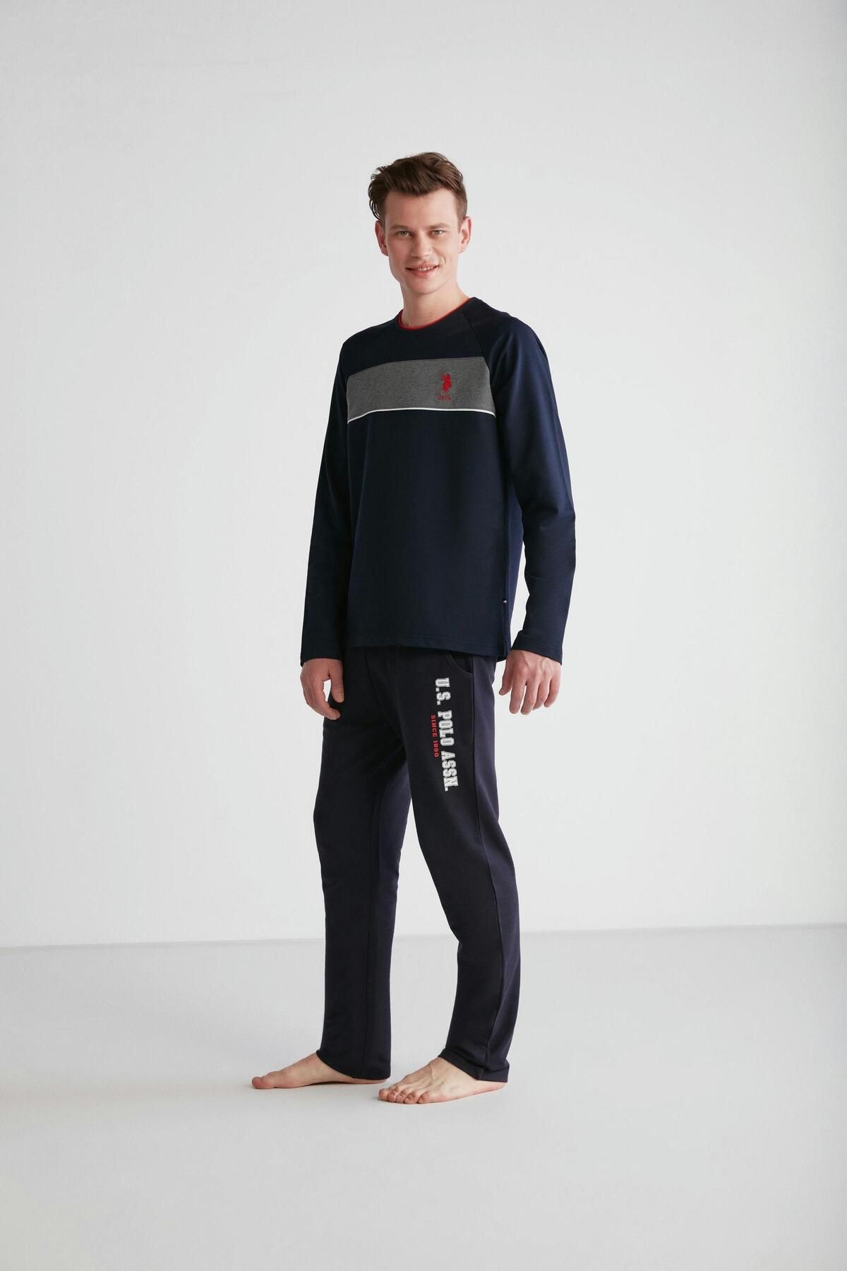 ست پیژامه آبی مردانه لباس خواب یقه گرد سرمه ای U.S. Polo Assn.