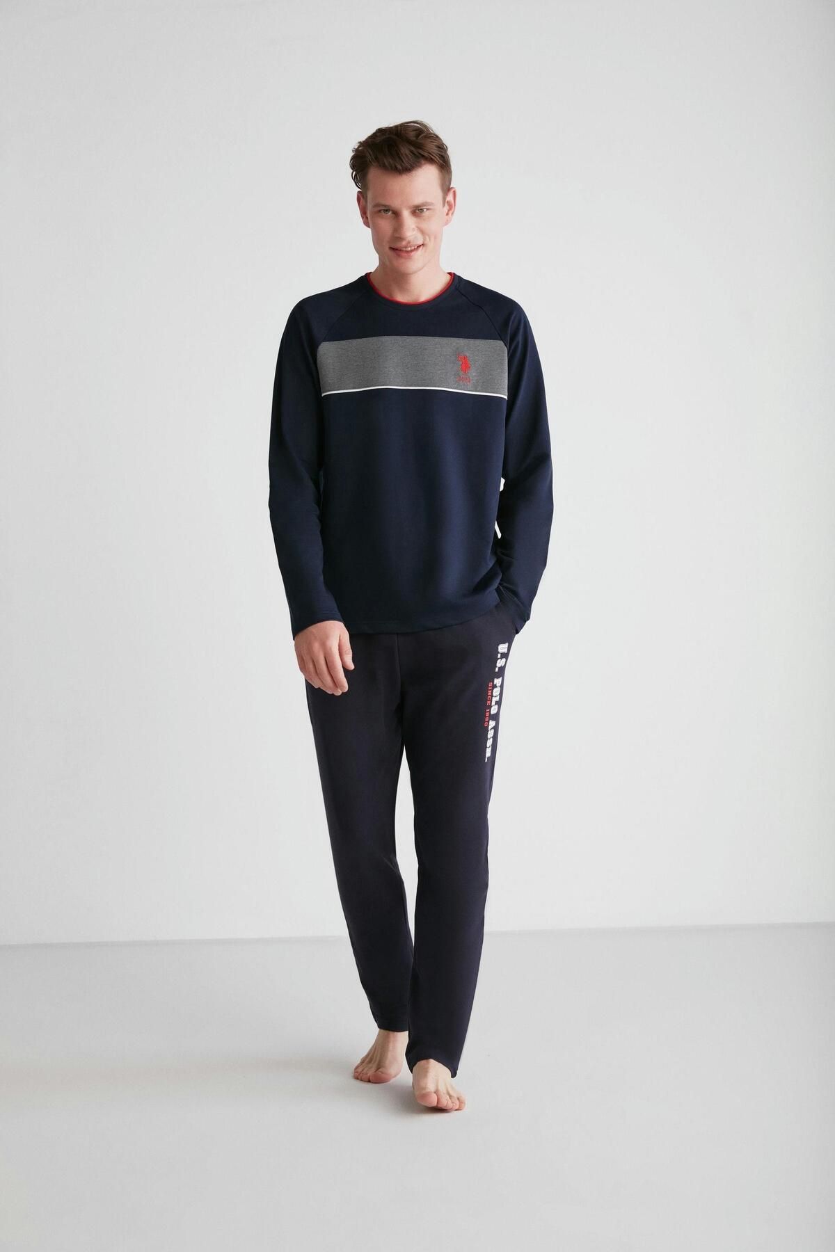 ست پیژامه آبی مردانه لباس خواب یقه گرد سرمه ای U.S. Polo Assn.