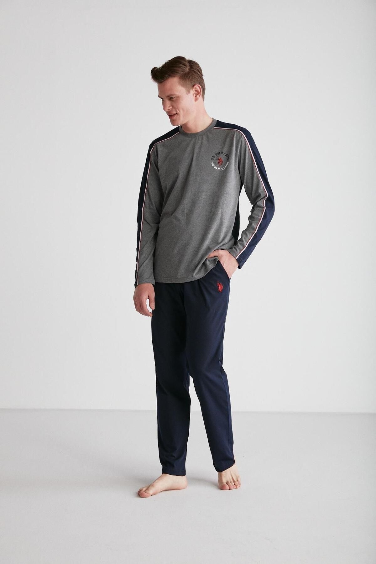 ست پیژامه خاکستری مردانه لباس خواب یقه گرد آنتراسیت ملانژ U.S. Polo Assn.