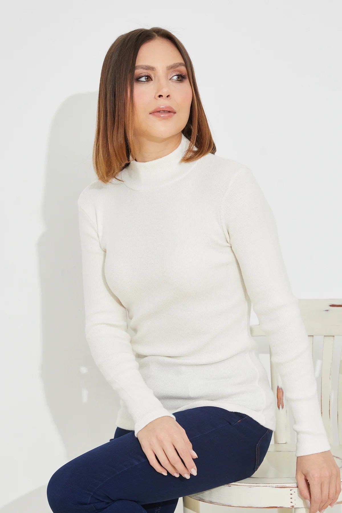 KaSheHa Cream High Collar Camisole Turtleneck Thin Ribbed Knitwear Sweater