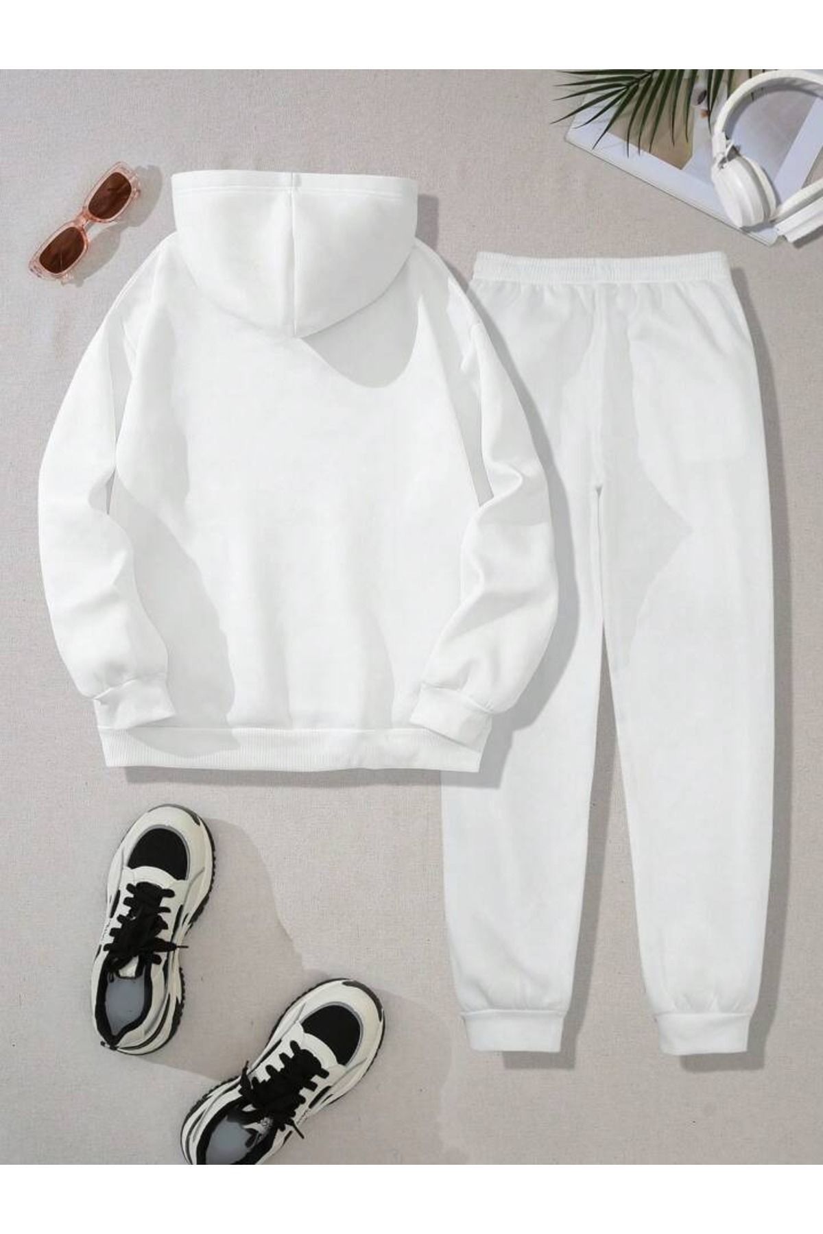 DUBU BUT K Los Angeles Tracksuit Set Sweatshirt Jogger White Printed Oversize Hoodie Trendyol
