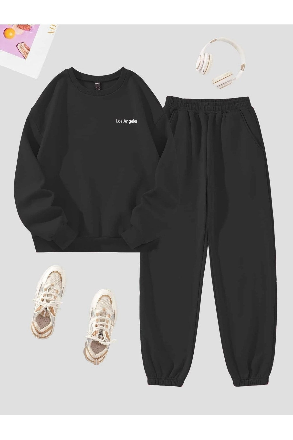 Los Angeles Minimal Tracksuit Set Sweatshirt Jogger - Black Printed Oversize Ribbed Crew Neck