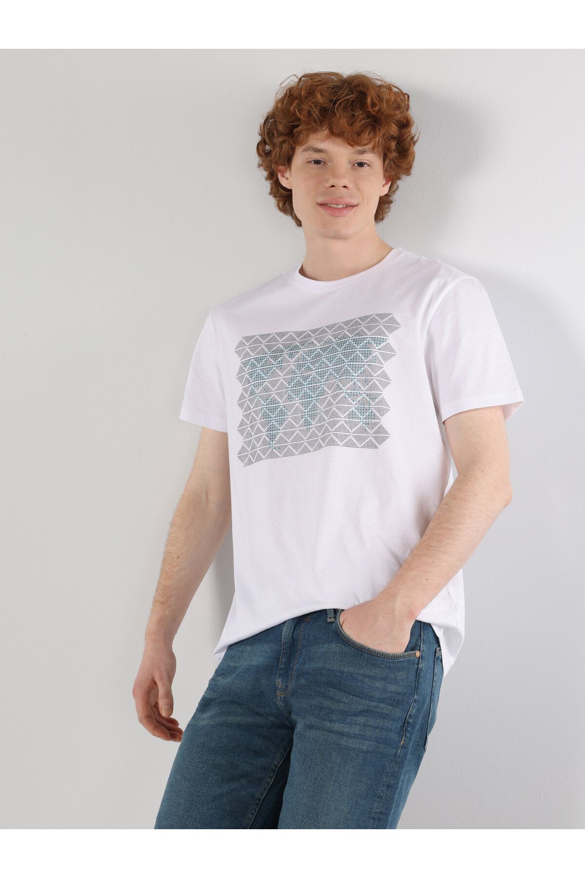 تی شرت سفید مردانه یقه دوچرخه مناسب به طور منظم طرح دار پوست آستین کوتاه t shirt Colin’s