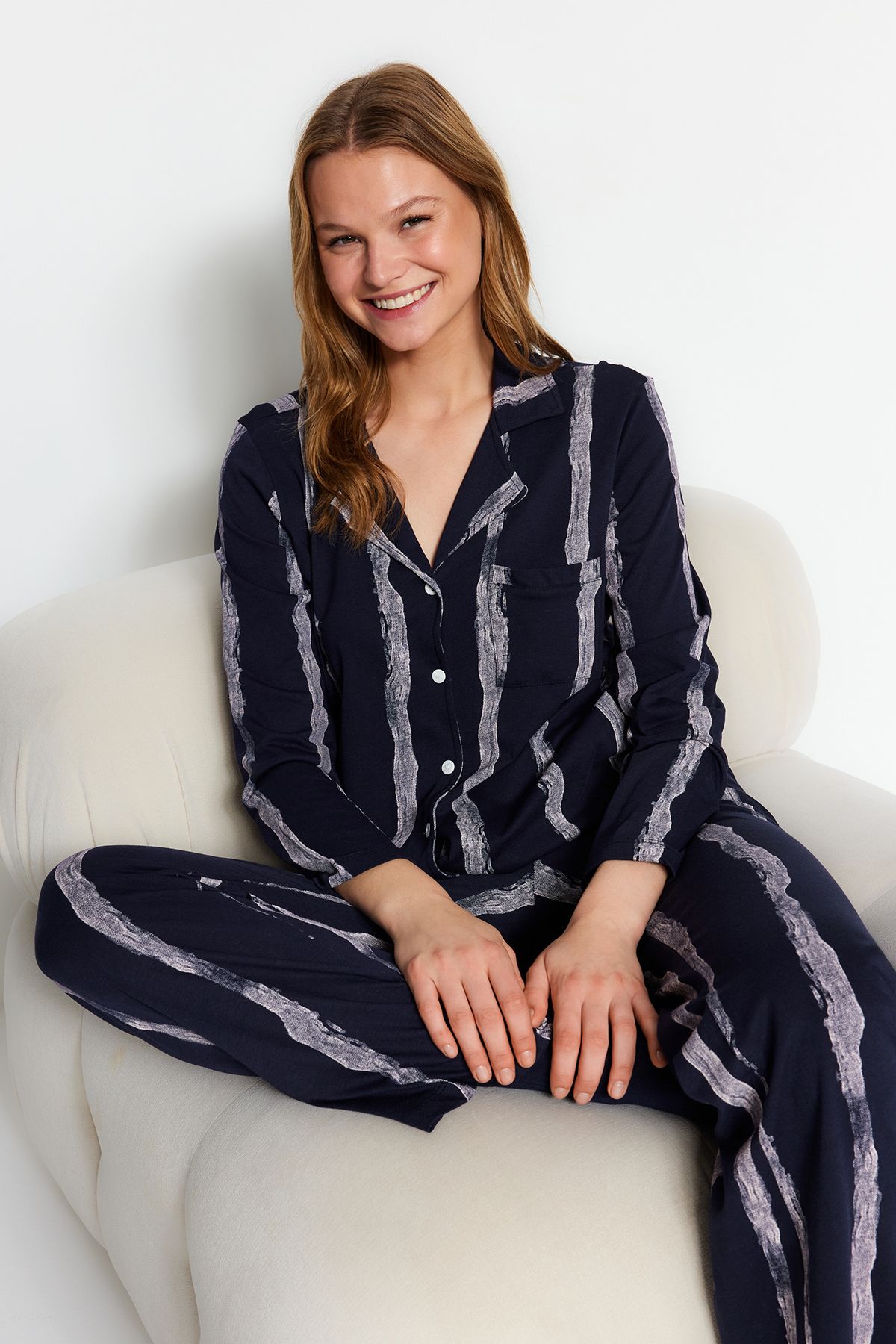 Trendyol Collection Premium Granatowa Bawełniana Koszula-spodnie W Paski, Dzianinowa Piżama Kobieta - XS