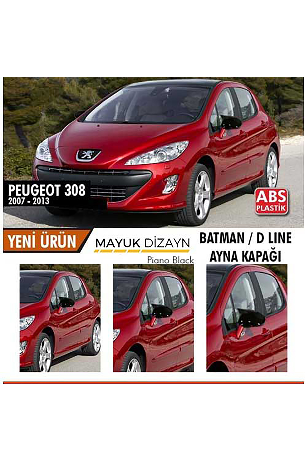 Mayuk Dizayn Peugeot 308 Uyumlu Batman Yarasa Ayna Kapağı 2007-2013 Ve Montaj Bandı--