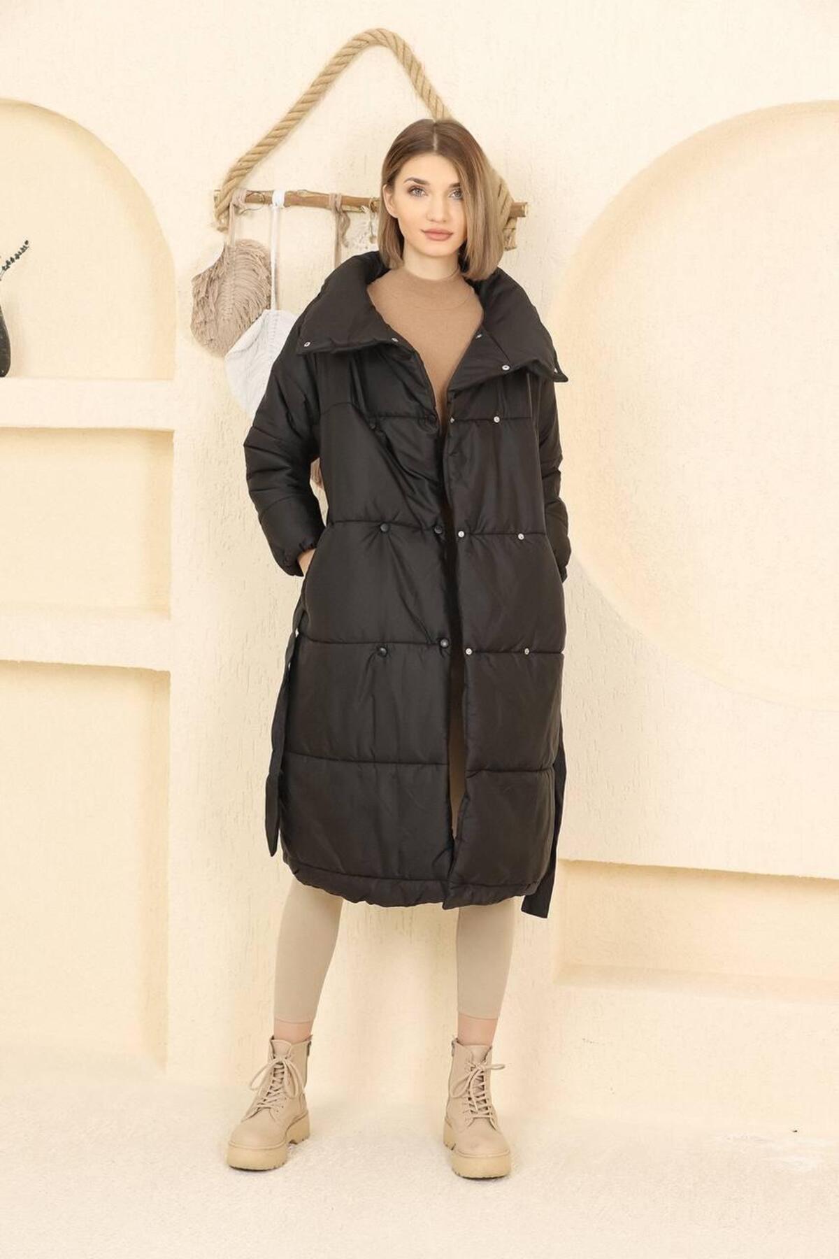 BY DİLEK ÇETİN ACCESSORY  Kadın midi boy siyah şişme mont - Görsel 4