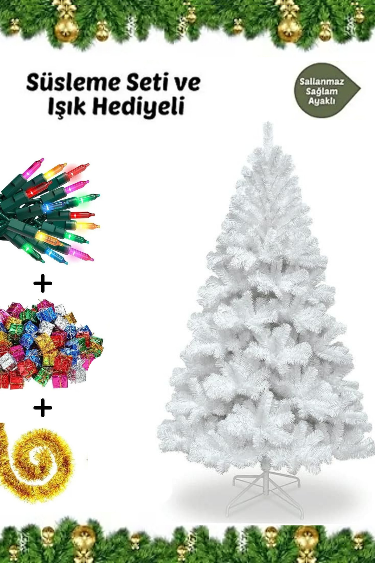 Genel Markalar Süsleme Seti Yılbaşı Çam Ağacı Renkli Işığı Ve Yeni Yıl Süsleri Noel Paketi 90 Cm 76 Dal Beyaz