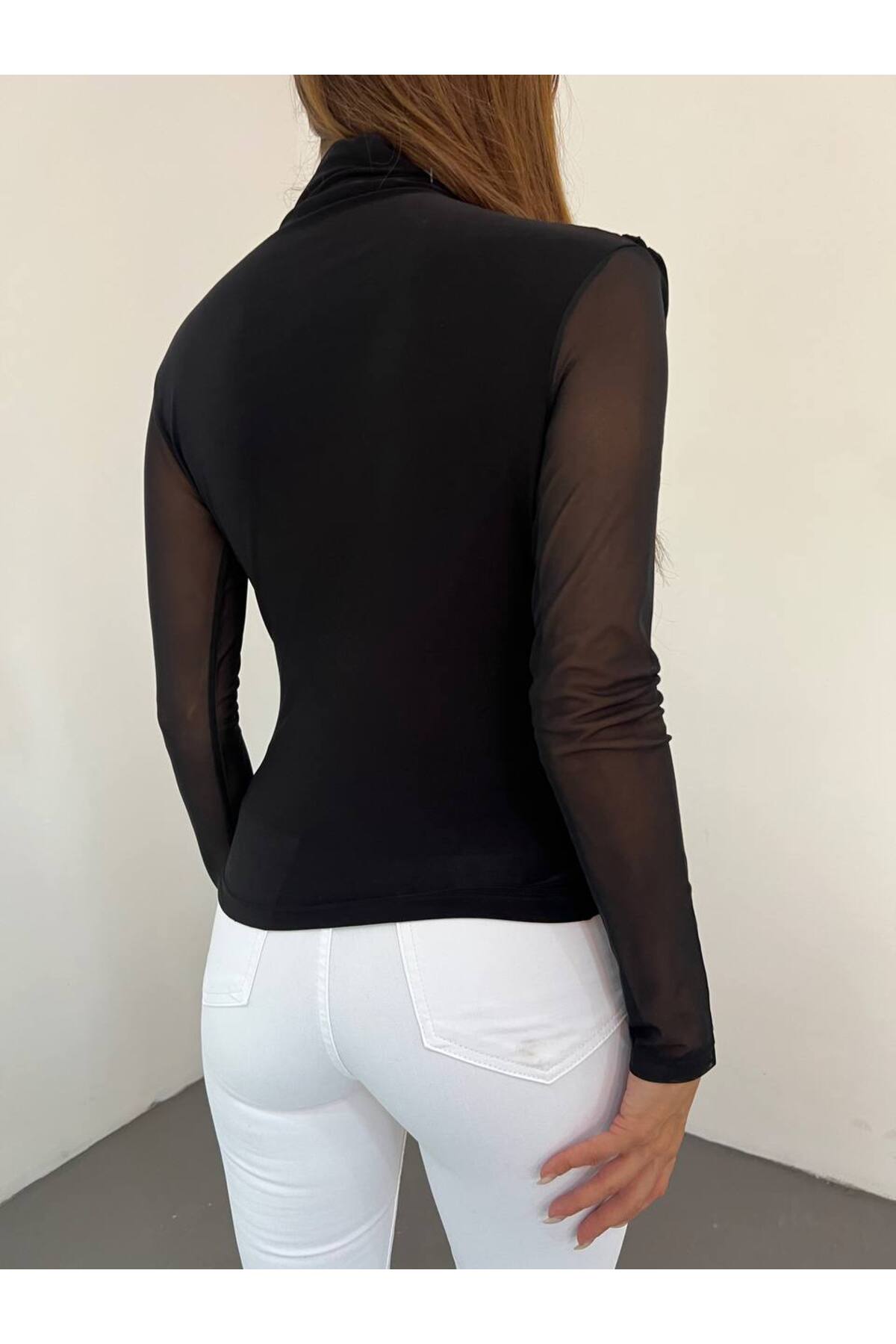Butik Beyza Összegyűjtött Sandy Fabric Sleeves tüll részletes blúz