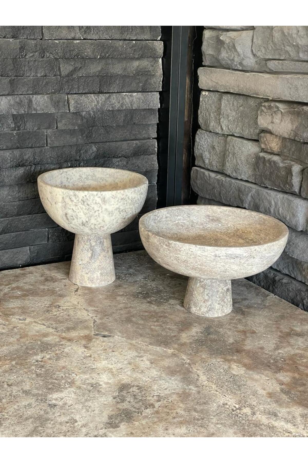 Polen Stone Silver Travertine Natural Stone Footed 2-Piece Bowl Set Towel Holder and Multi-Purpose Use