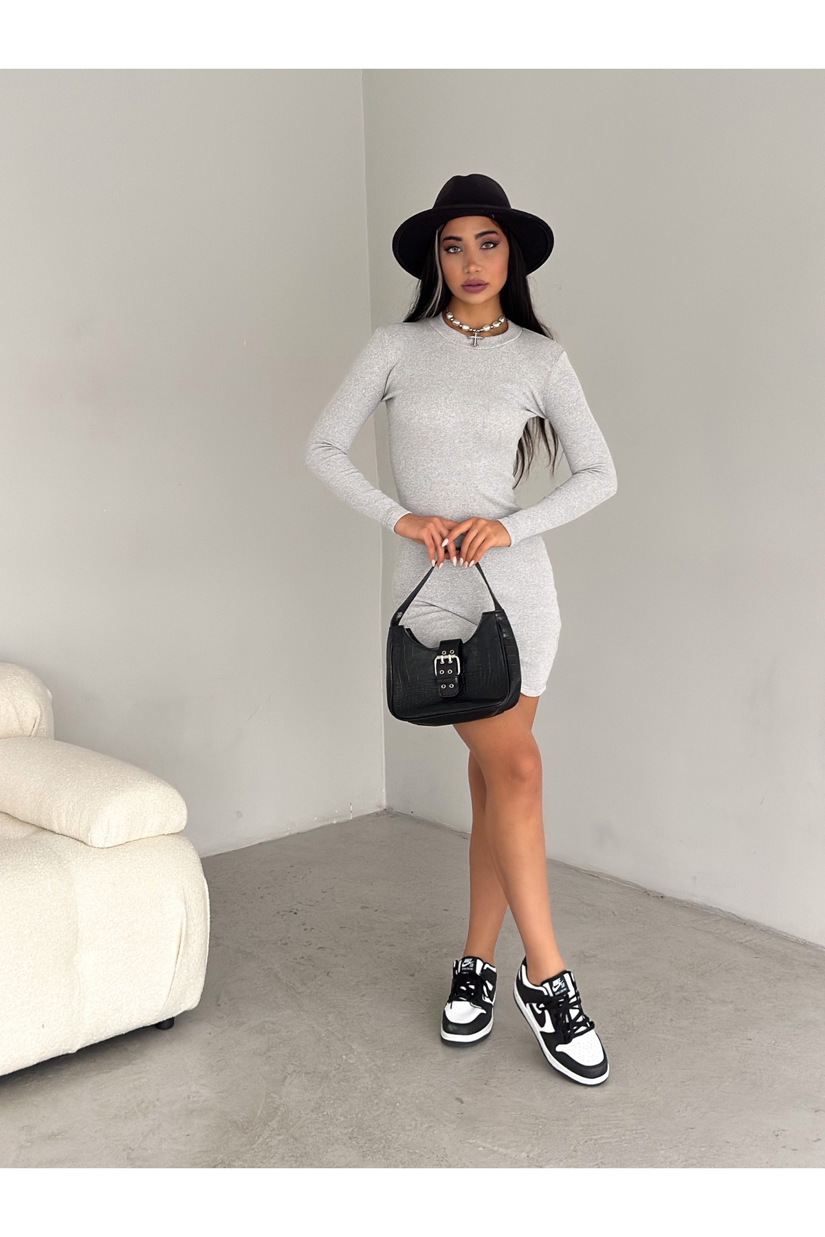 Crew Neck Benetton Women's Camisole Long Sleeve Ribbed Flexible Knitted Mini Dress