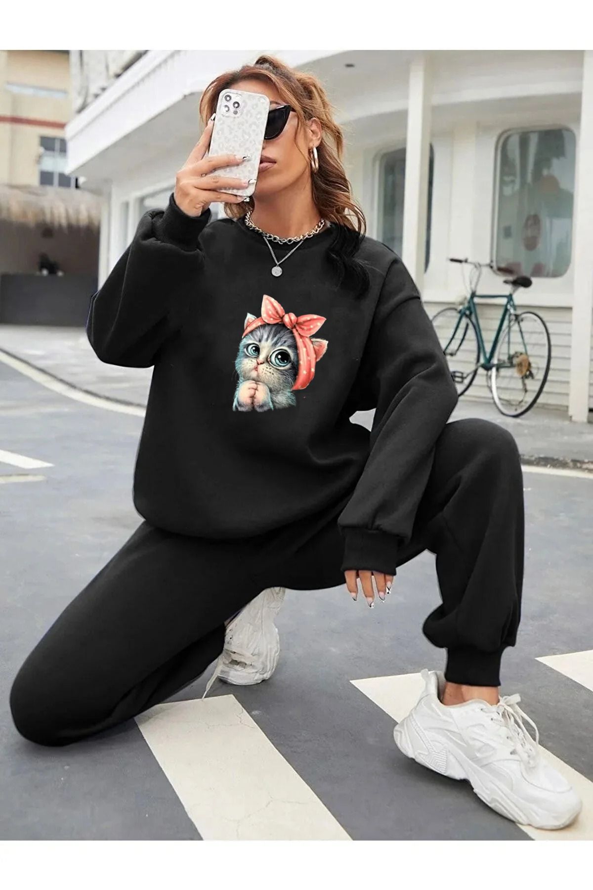 Guillermo Women s Oversize Tracksuit Set Cat PRINTED Trendyol