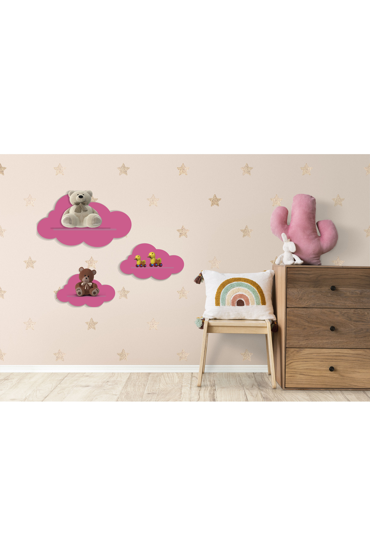 MartinaCole 3'lü Pembe Dekoratif Bulut Çocuk Odası Duvar Rafı