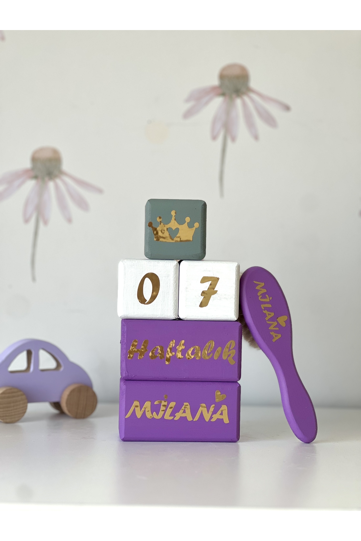 Mor beyaz gold anne bebek anı küpü seti Türkçe 6lı set Dekor ve Fotoğraf cekımı