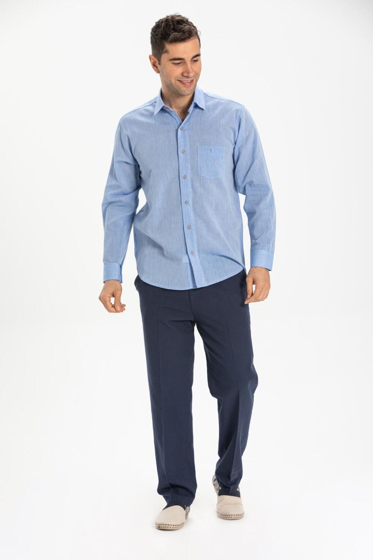 Eliş Şile Bezi پیراهن مردانه آستین بلند تک جیب پارچه شیله سایز بزرگ 3032 آبی