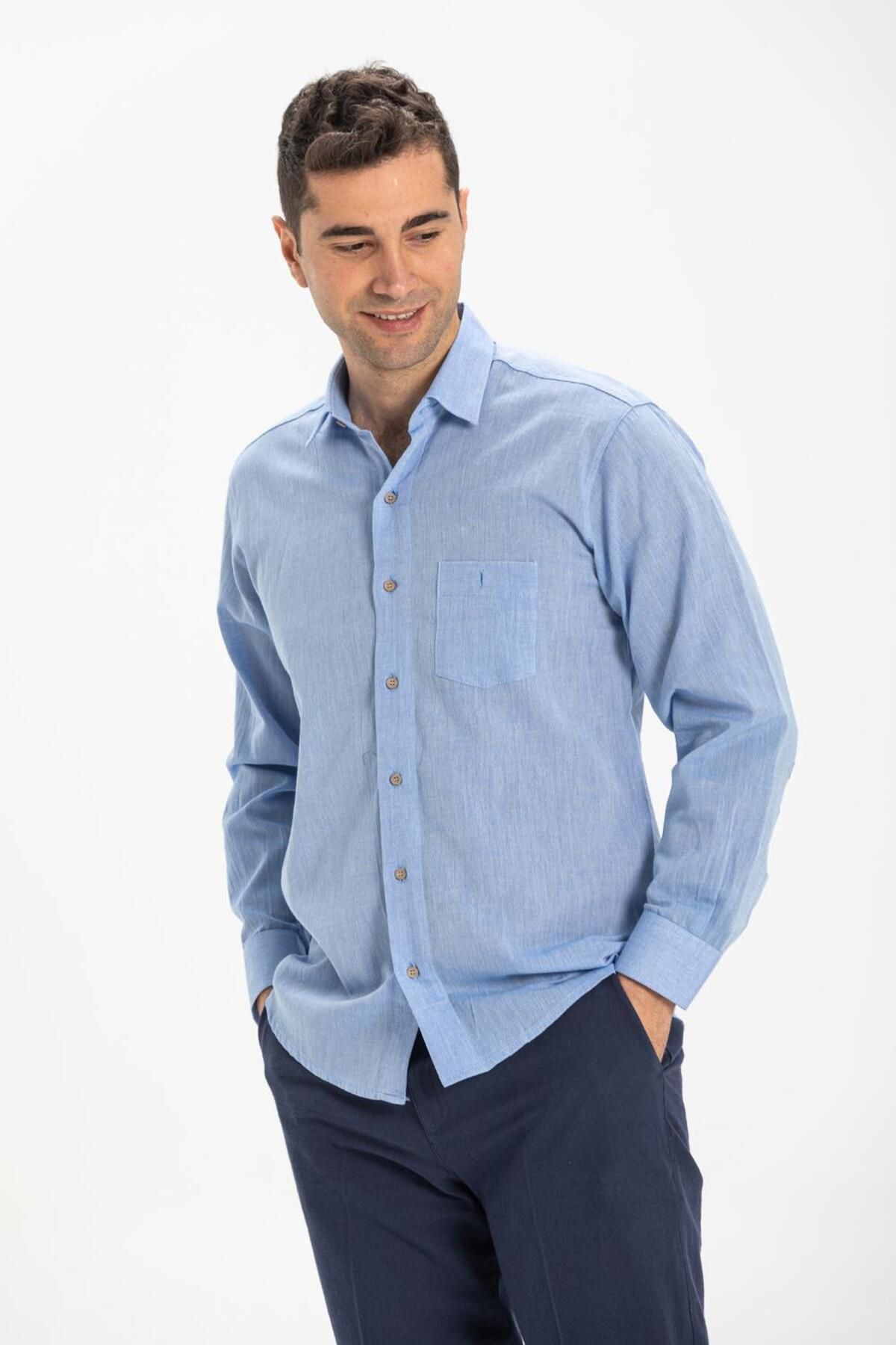 Eliş Şile Bezi پیراهن مردانه آستین بلند تک جیب پارچه شیله سایز بزرگ 3032 آبی