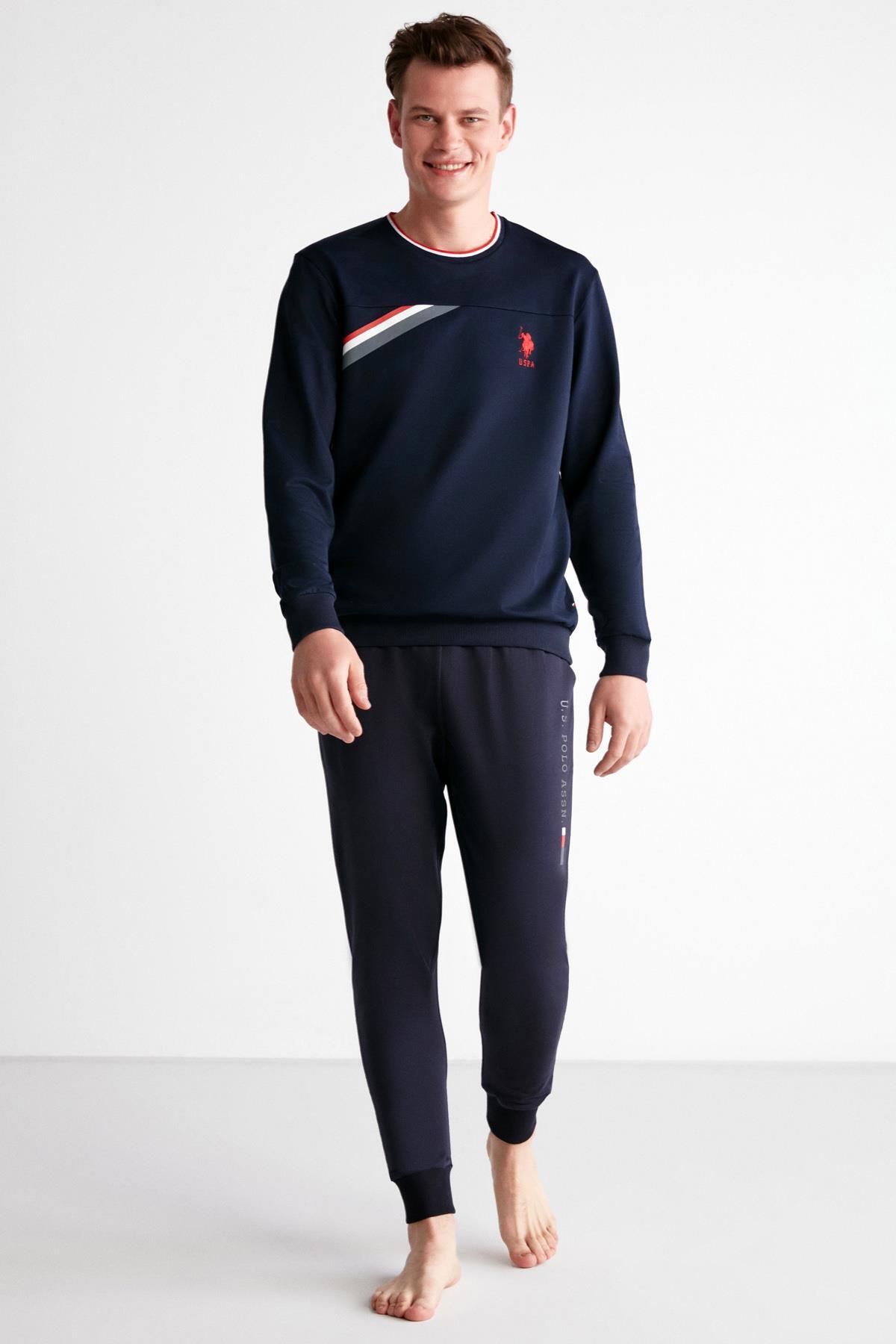 ست پیژامه آبی مردانه لباس خواب یقه گرد 2 تایی با آستین و سرآستین جیب U.S. Polo Assn.