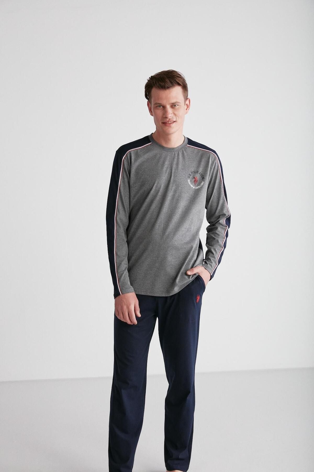 ست پیژامه خاکستری مردانه لباس خواب یقه گرد آنتراسیت ملانژ U.S. Polo Assn.