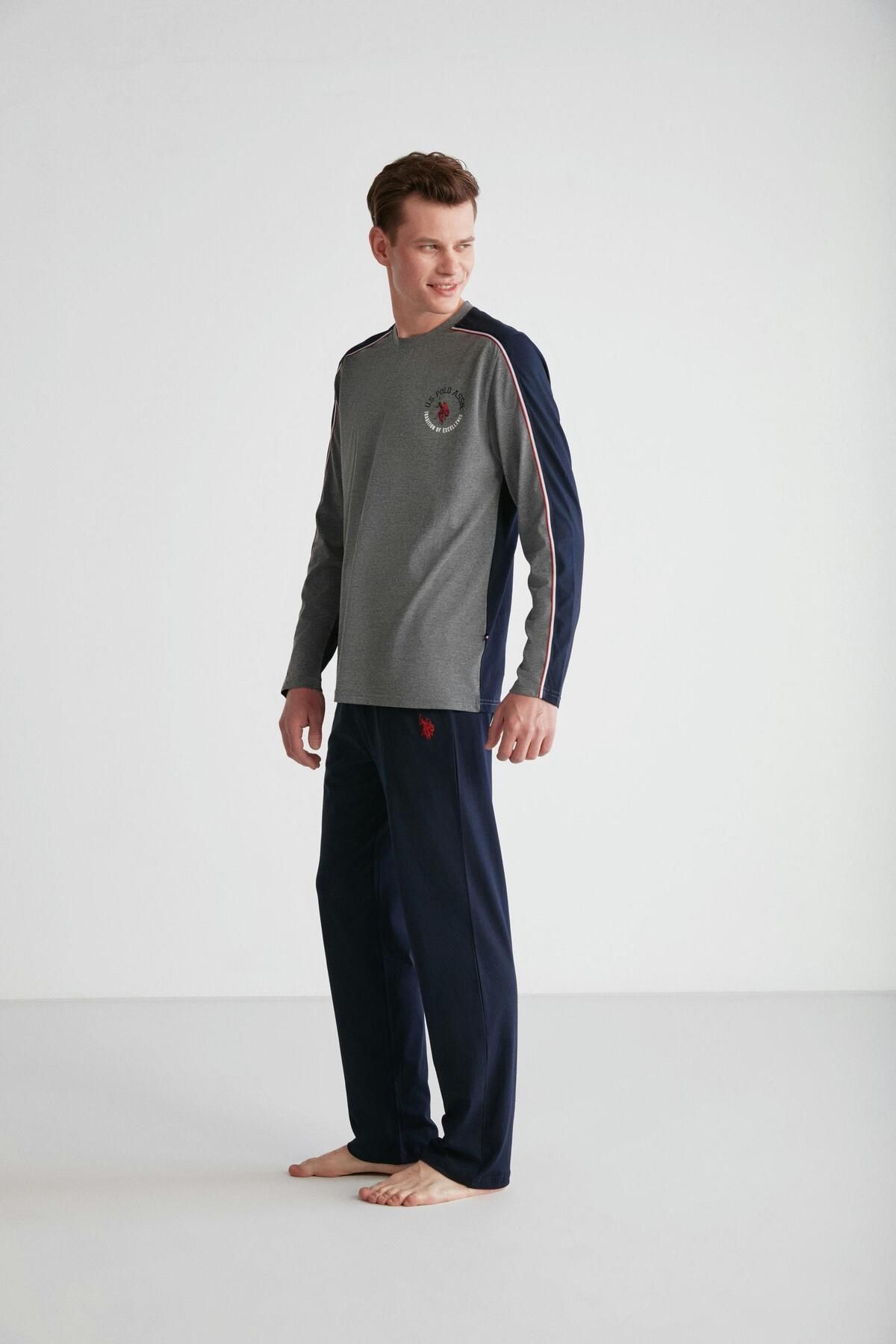 ست پیژامه خاکستری مردانه لباس خواب یقه گرد آنتراسیت ملانژ U.S. Polo Assn.