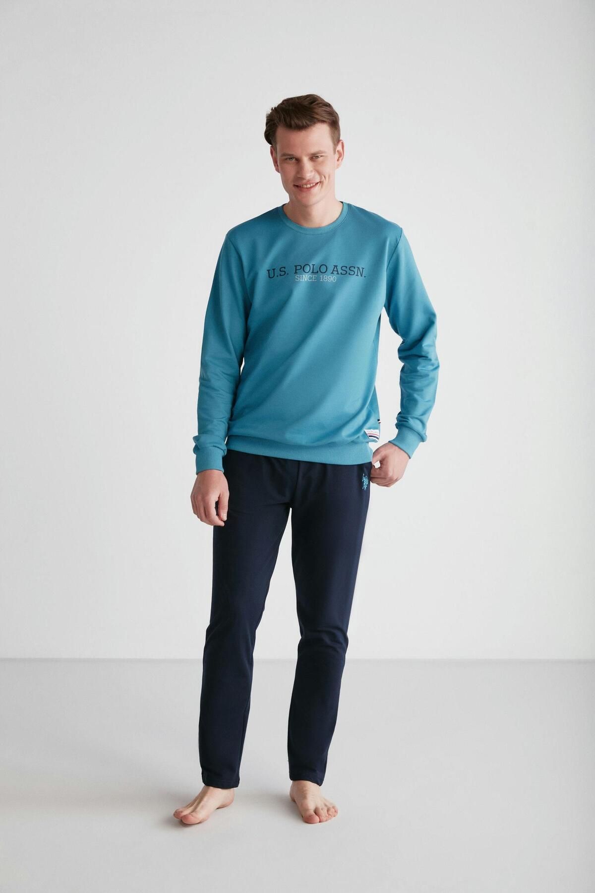ست پیژامه سبز مردانه لباس خواب یقه گرد فیروزه ای U.S. Polo Assn.