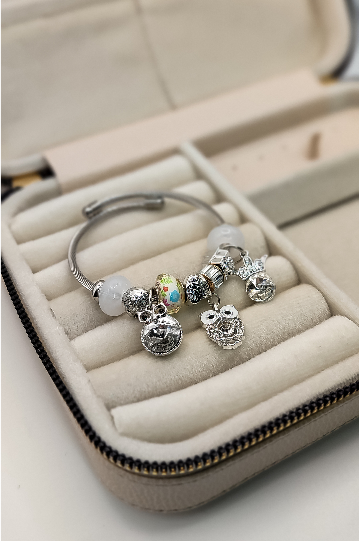 Silver Baykuş Zirkon Taşlı Charm Çelik Bileklik