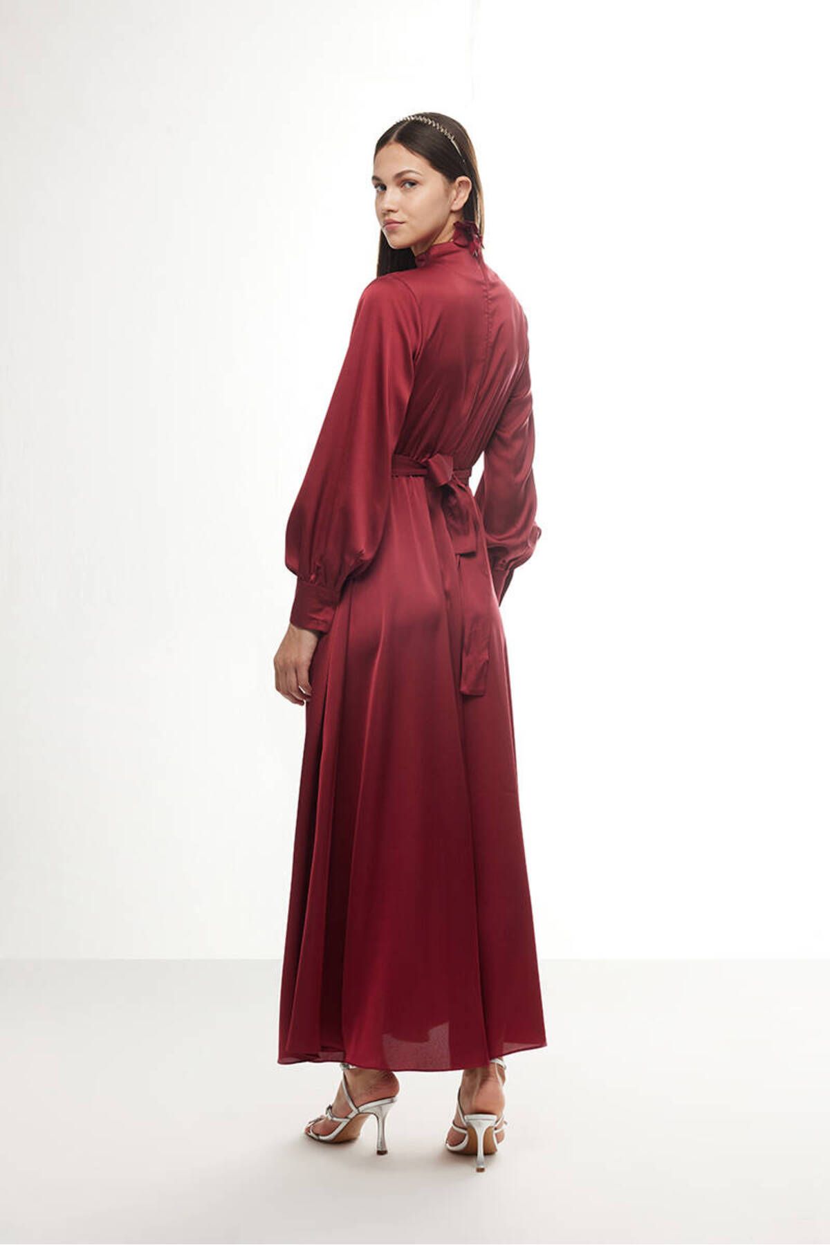BE BLUE CLARET RED STONE SATIN DRESS Trendyol