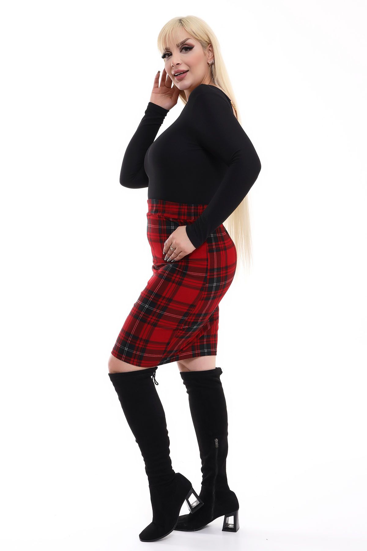 Mooi XXL Women s Green Black Plaid Pattern Flexible Suede Pencil