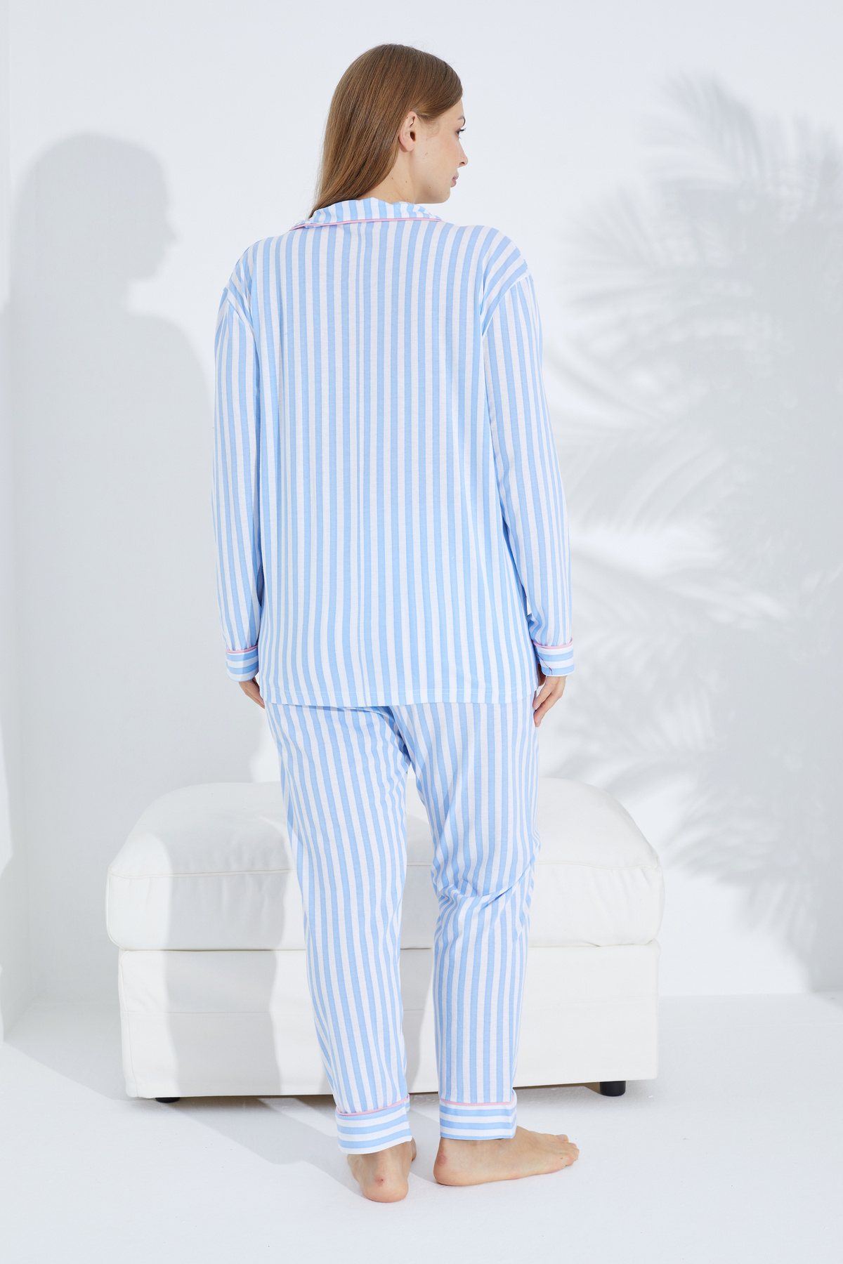 Siyah İnci-Blue and white stripe patterned Curve Plus Size King size Buttoned Pijama Cotton Pajama Set 4