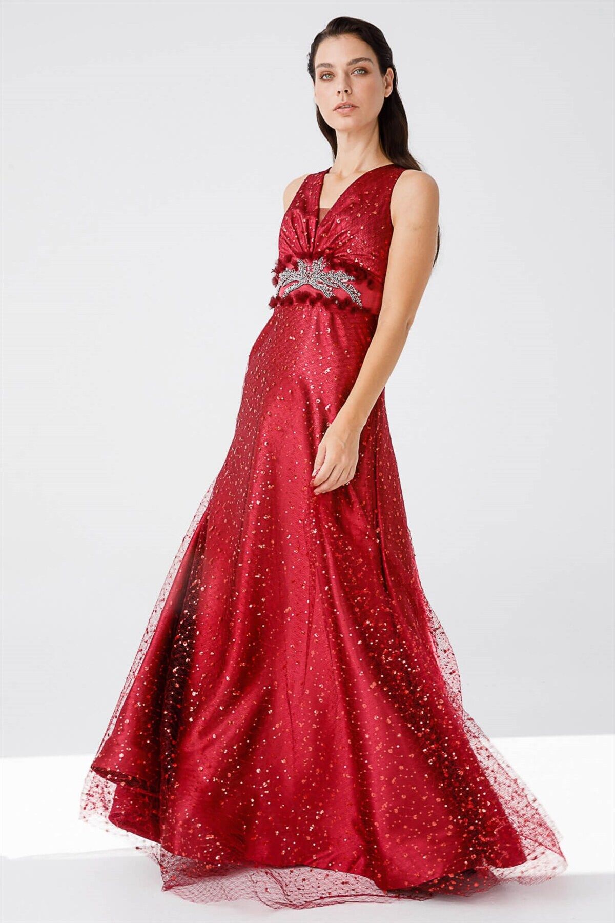 Esswaap-Burgundy SequIn Lace and Jewelled Flared EvenIng Dress 2