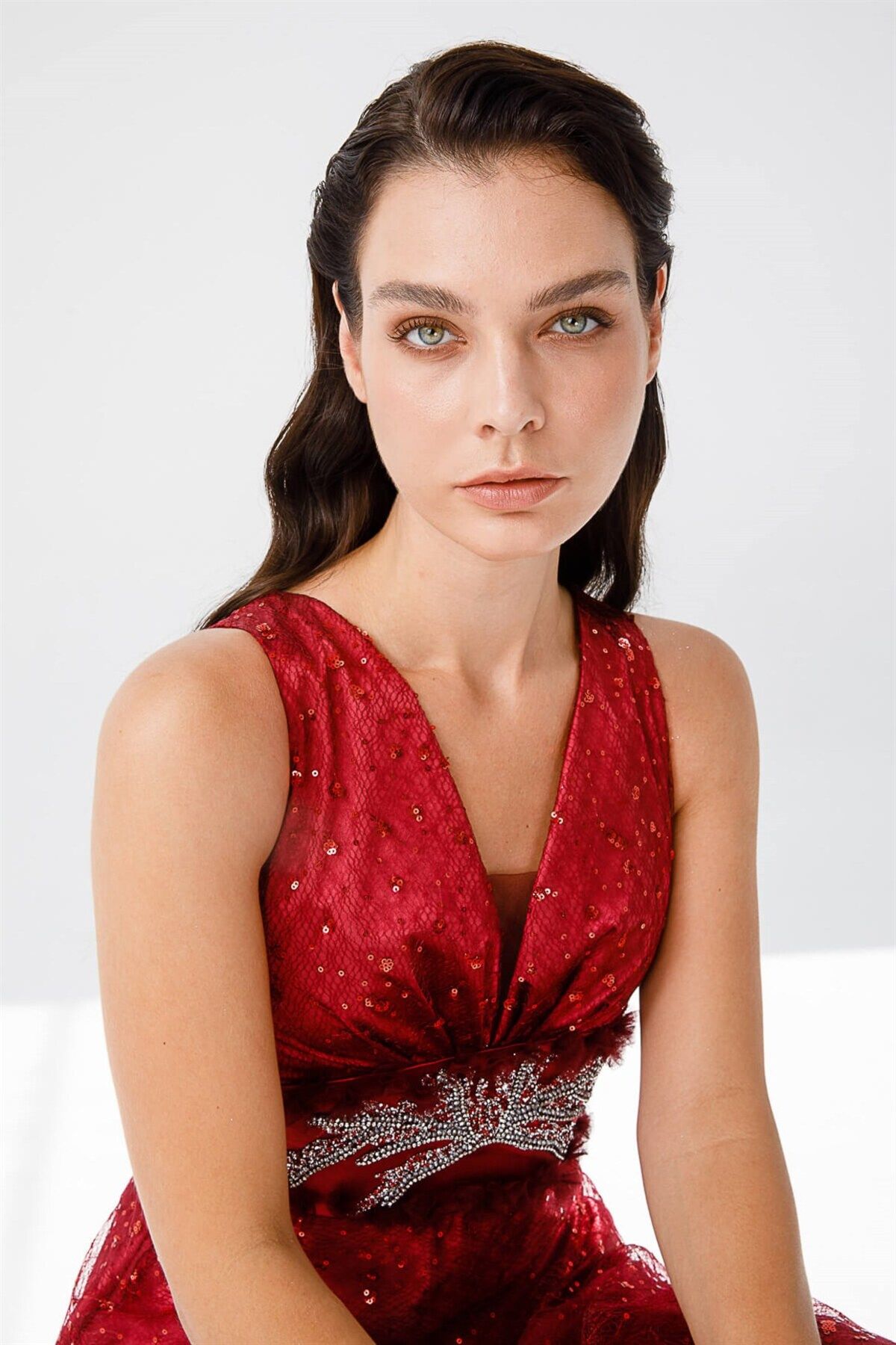 Esswaap-Burgundy SequIn Lace and Jewelled Flared EvenIng Dress 4