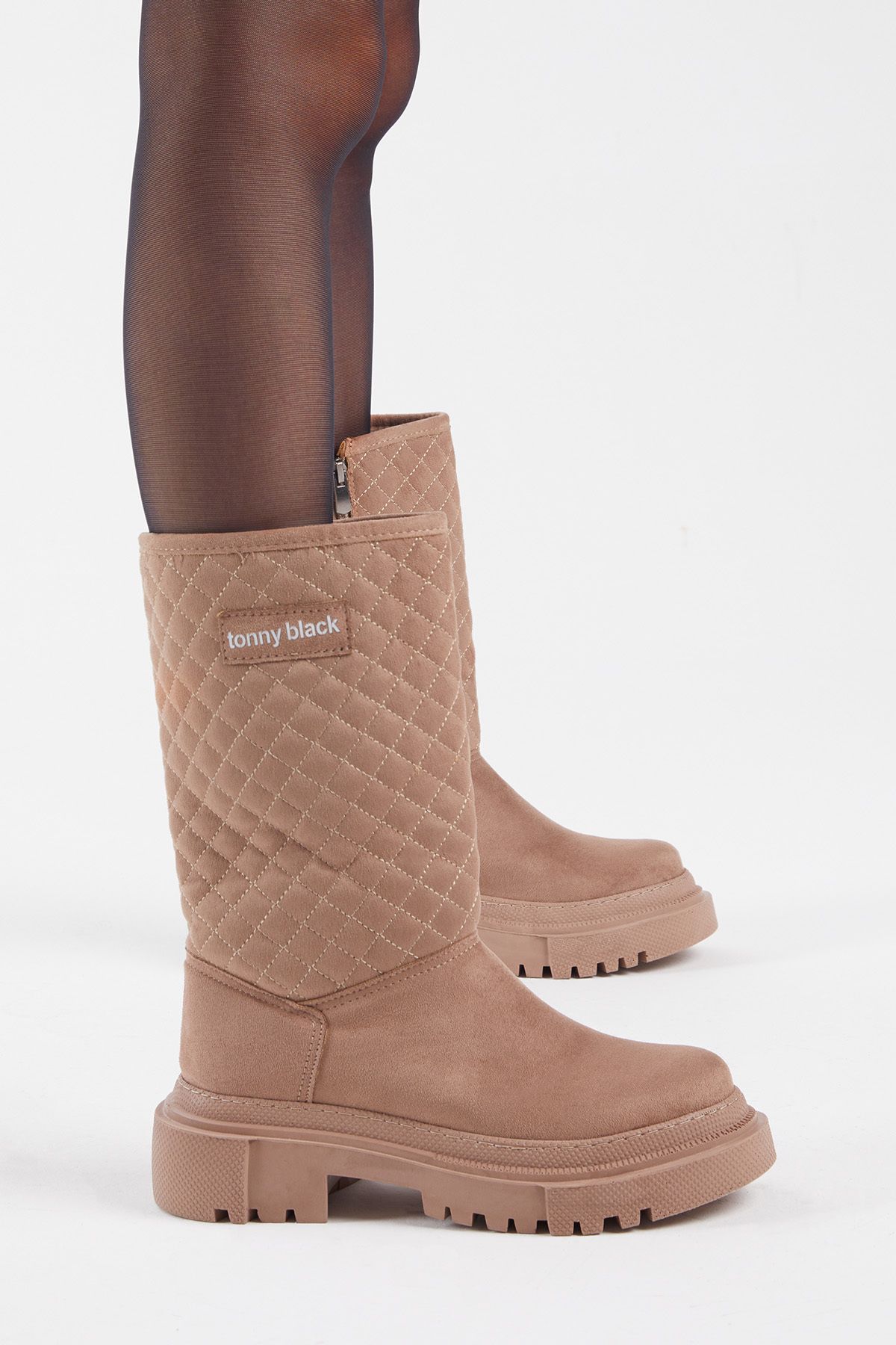 Tonny Black Women s Mink Quilted Patterned Comfortable Long Boots