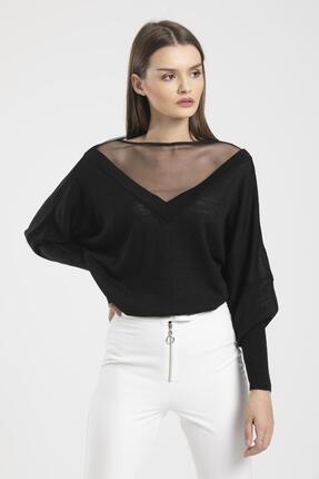 sumoda Yakası Tül Detaylı Ön Arka V Yaka Merserize Triko Kazak
